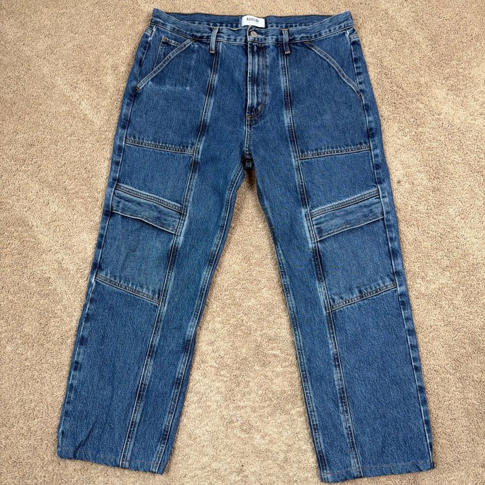 Agolde Cooper Cargo Jeans Women 32 Blue Denim Regulation Utility Double Knee